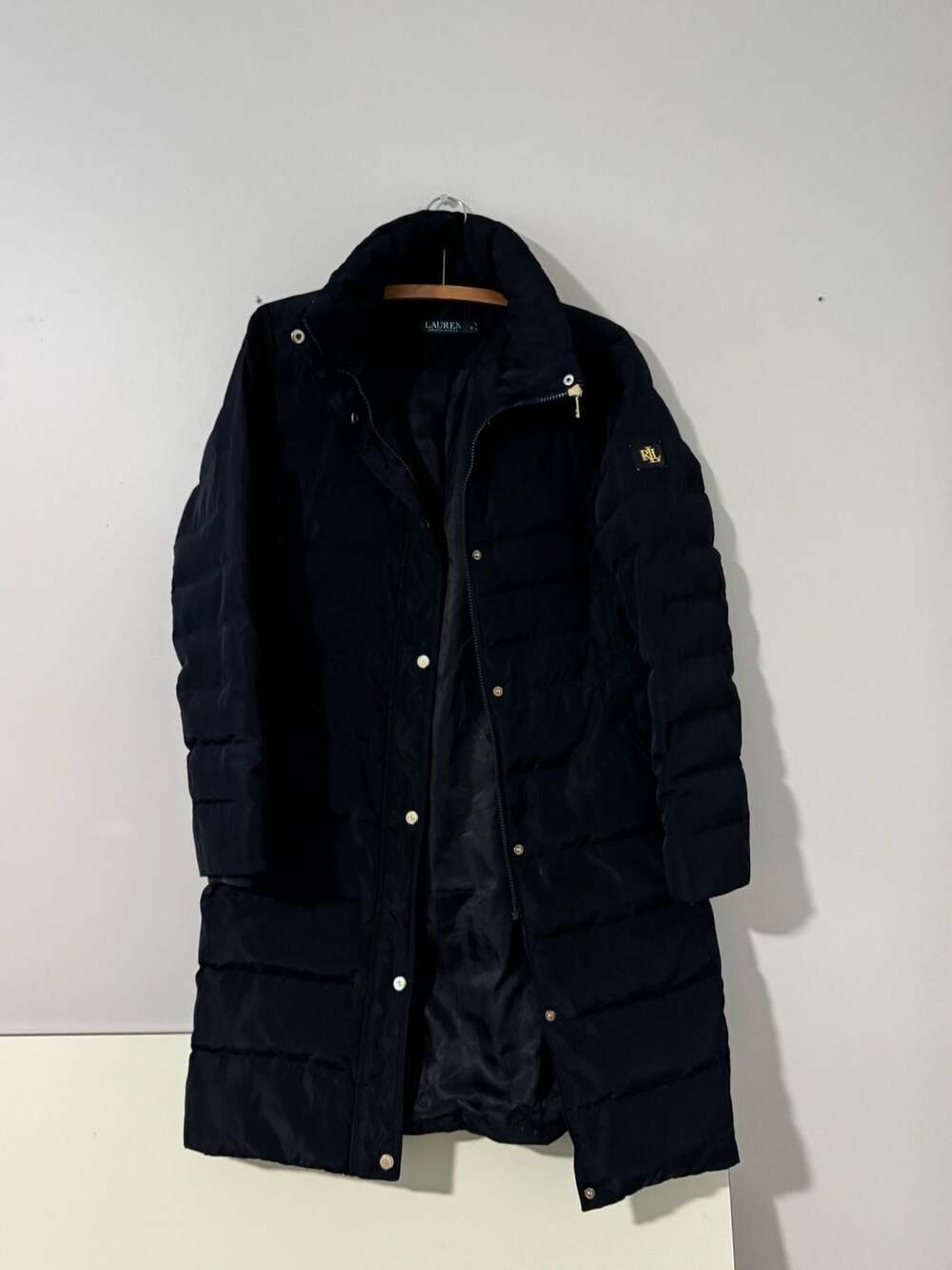 Ralph Lauren Navy Quilted Puffer Coat with Gold RL Logo Button, Size S